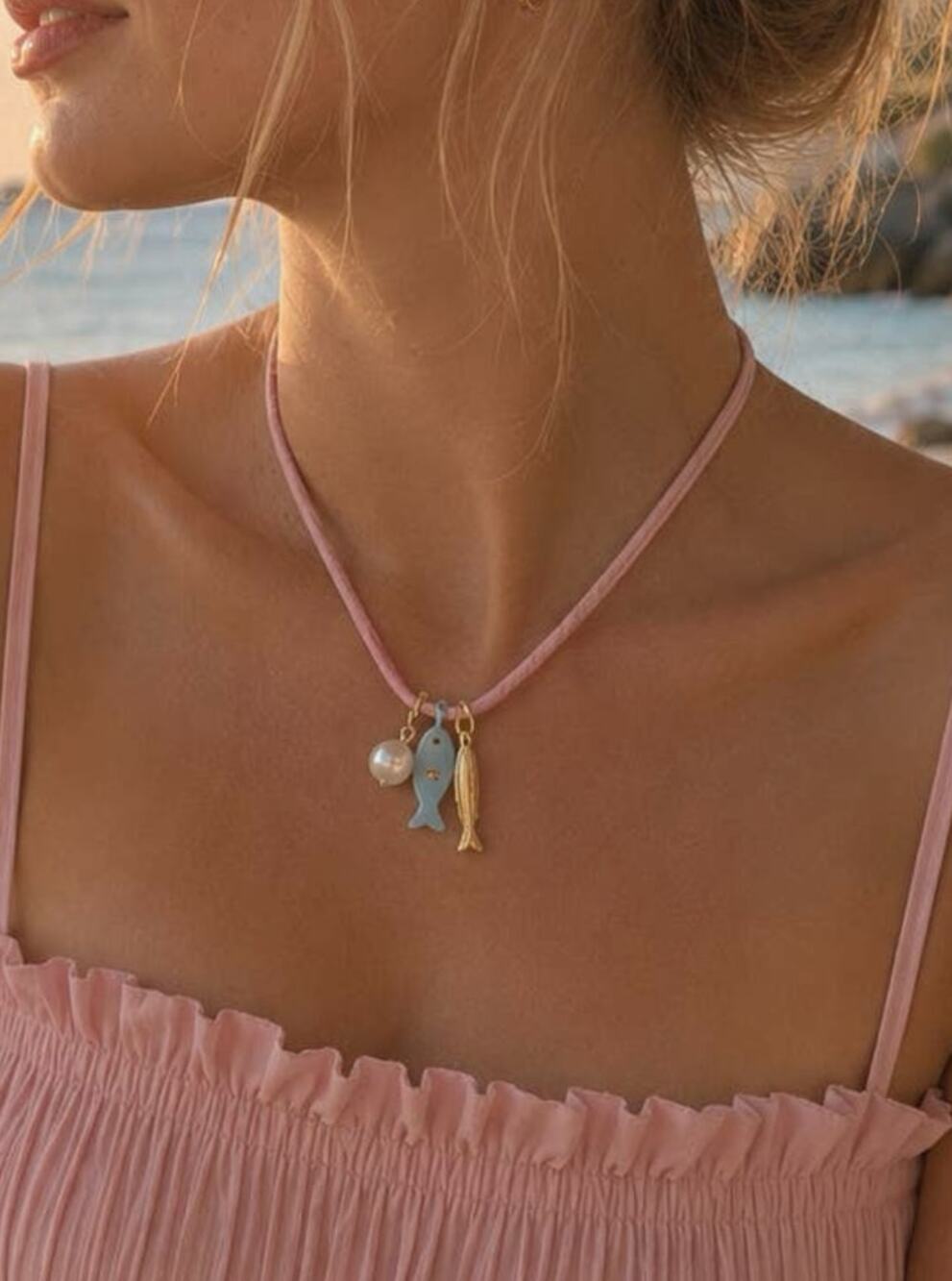 Beach Mode Coastal Pink Lagoon Rope Pearl Charm Necklace